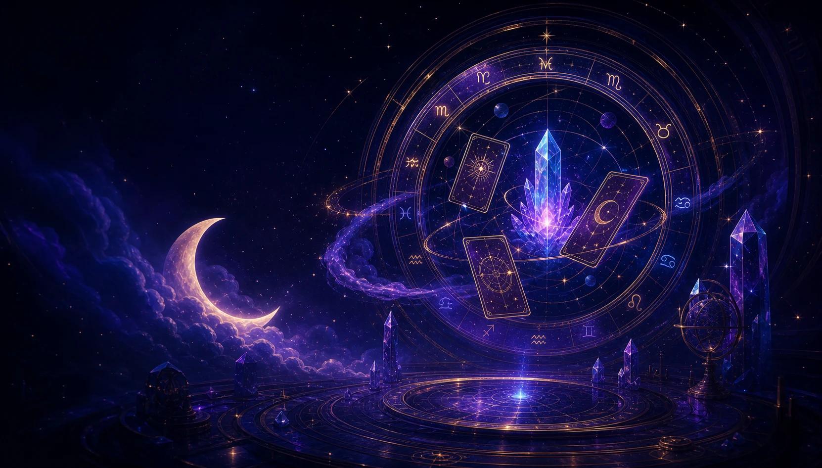 A celestial observatory joining Tarot cards, a zodiac wheel, dreamlike moonlight, and crystalline guidance